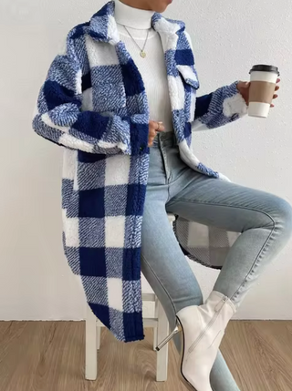 Women's Plaid Plush Trench Coat with Pockets