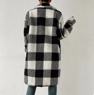 Women's Plaid Plush Trench Coat with Pockets